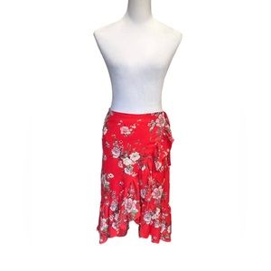 Rare Editions Floral Print Hi Low Wrap Skirt w/Ruffle /Color: Red / Size:Small